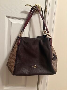 Coach Brown Pebbled Leather & Signature Canvas Shoulder Bag with Burgundy Strap